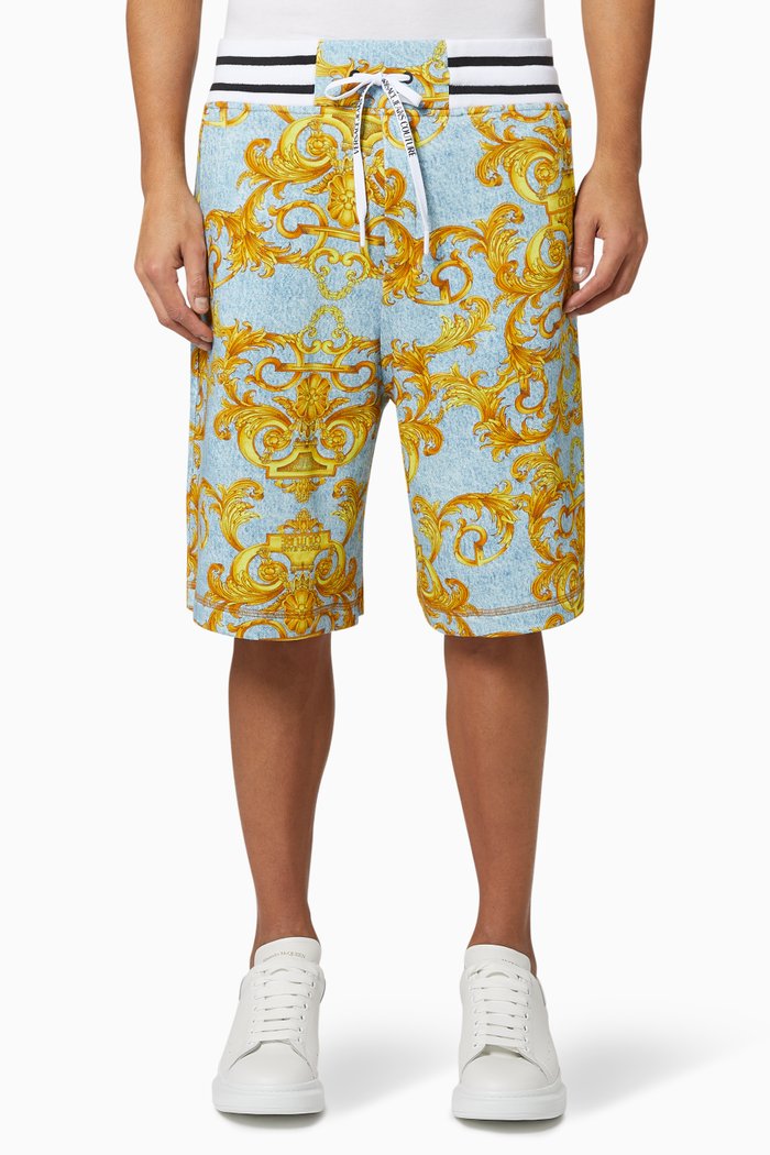 Baroque Denim Print Shorts, Blue