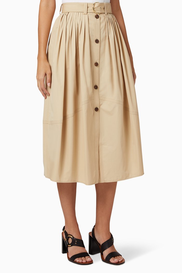 

Button-down Cotton Poplin Midi Skirt, Brown