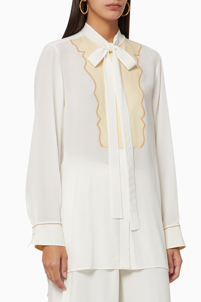 

Crêpe de Chine Tie Neck Shirt, White