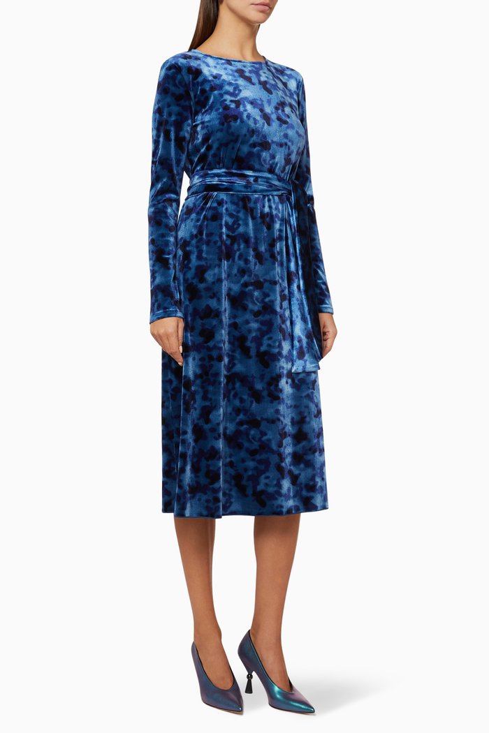 Printed Velvet Jersey Midi Dress, Blue