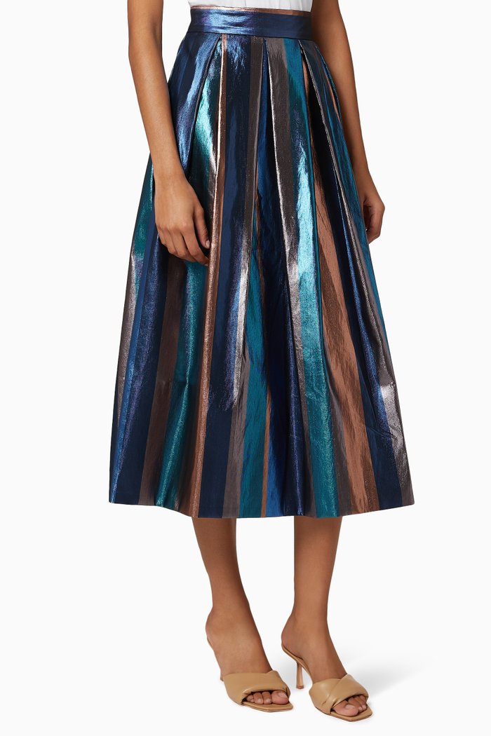 

Striped Lamé Corolla Skirt, Blue