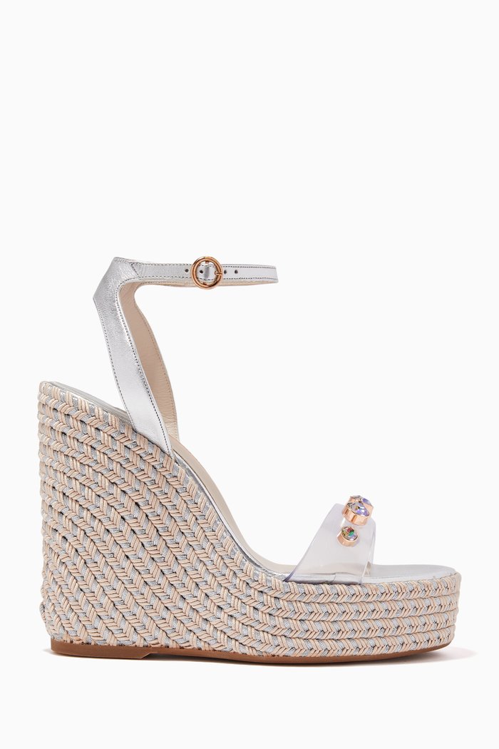 

Dina Gem Espadrille Wedges in Vinyl & Leather, Silver