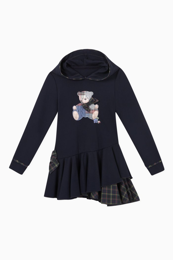 

Bear & Tartan Detail Hooded Dress, Blue