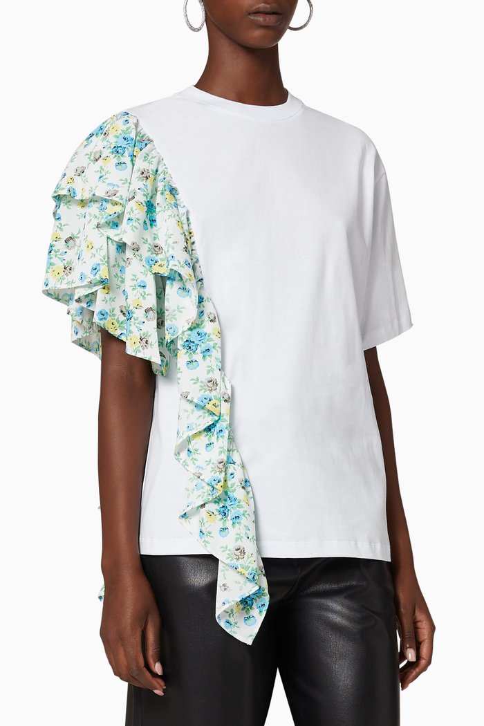 

Floral Print Ruffled T-Shirt, White