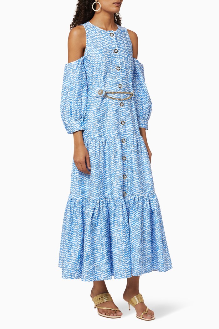 

Frill Printed Belted Dress, Blue