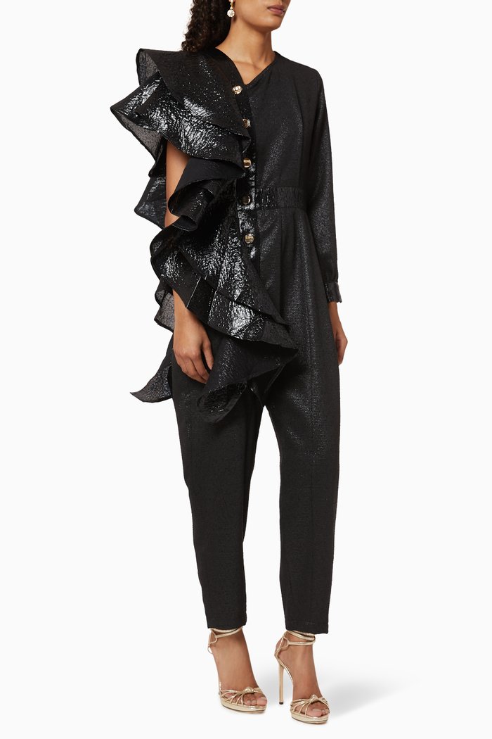 Metallic Frill Jumpsuit, Black
