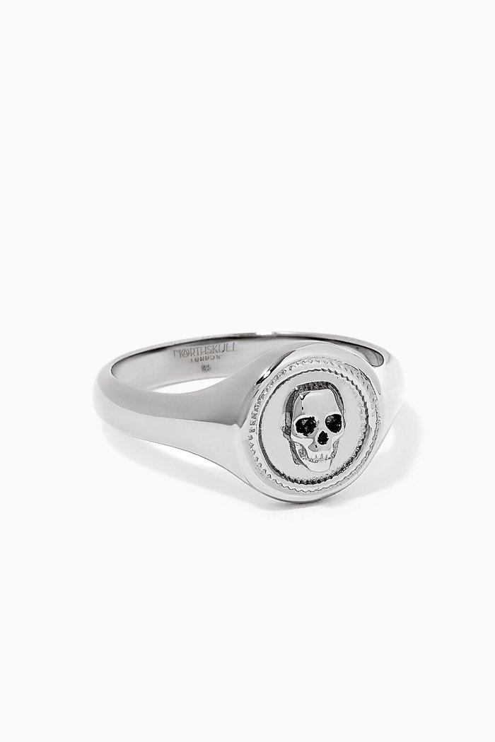 

Atticus Skull Seal Pinky Ring in Gunmetal-Plated Sterling Silver