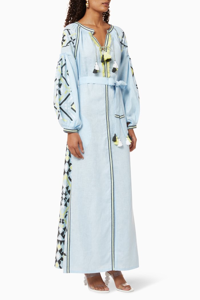 

Gia Embroidered Belted Dress, Blue