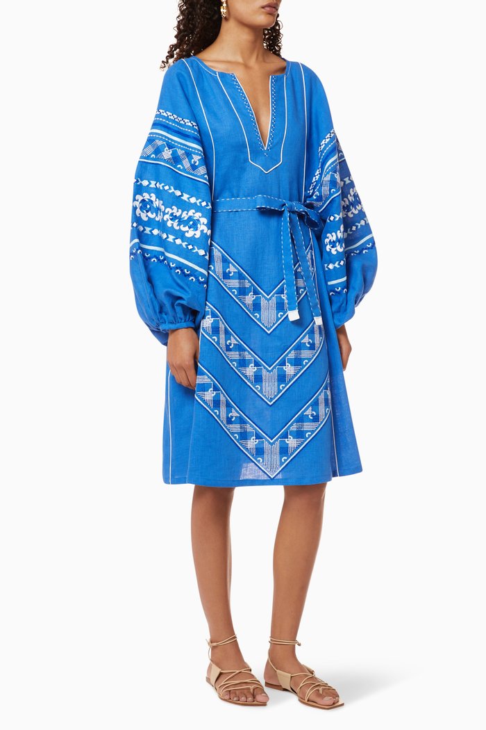 

Etna Embroidered Belted Dress, Blue