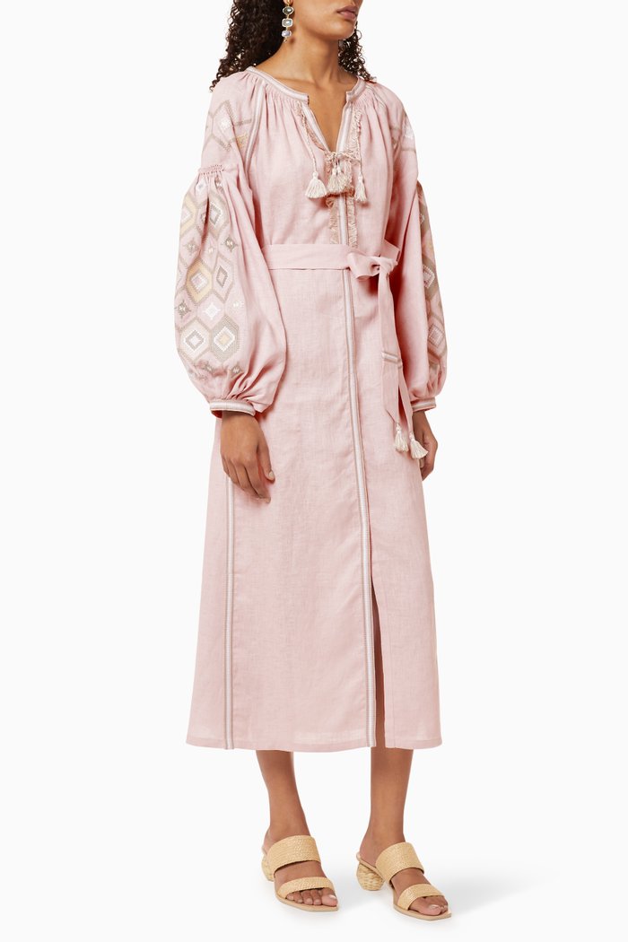 

Mosa Embroidered Belted Dress, Pink
