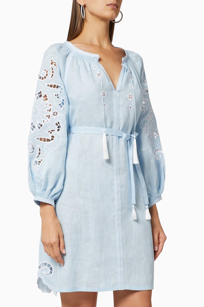 Rosha Embroidered Belted Dress, Blue