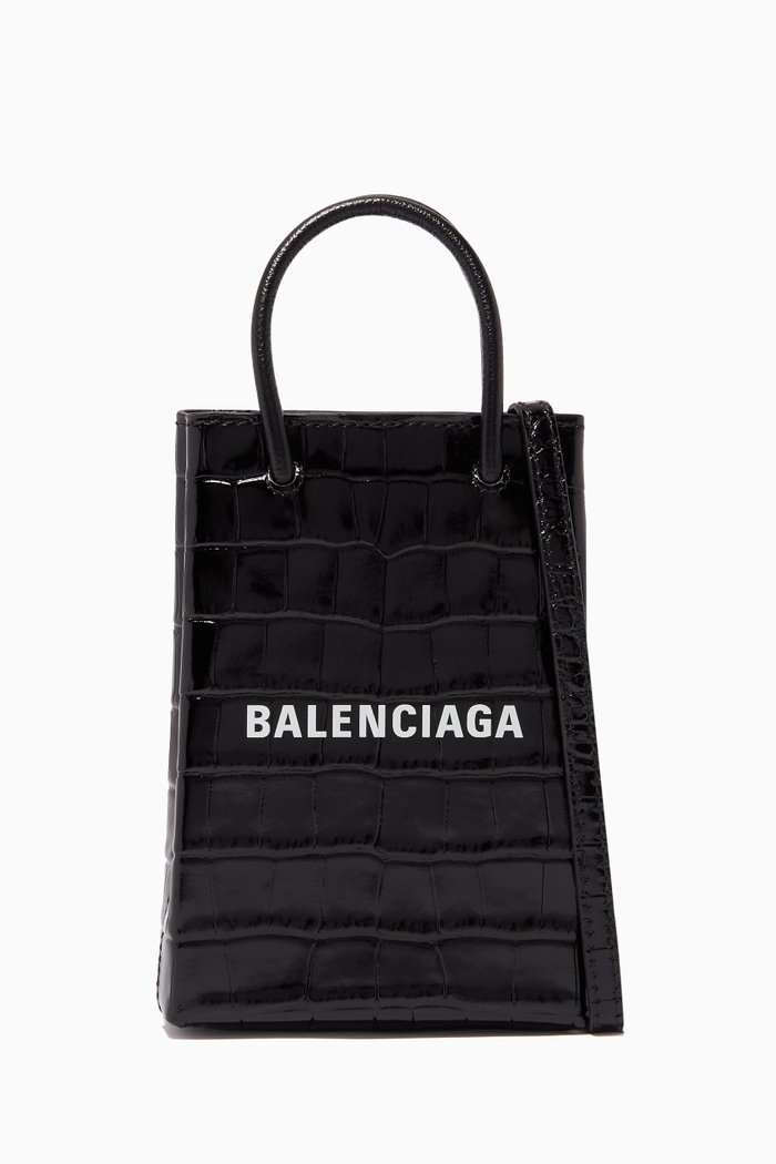 

Shopping Phone Holder in Shiny Crocodile Embossed Leather, Black