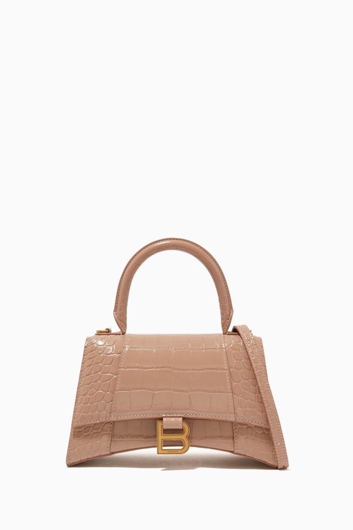 

Hourglass Small Top Handle Bag in Shiny Crocodile-Embossed Calfskin, Neutral