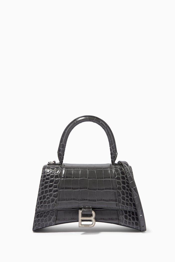 Hourglass Small Top Handle Bag in Shiny Crocodile-Embossed Calfskin, Grey