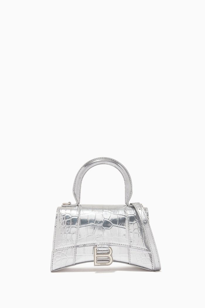 

Hourglass XS Top Handle Bag in Metallic Crocodile Embossed Calfskin, Silver