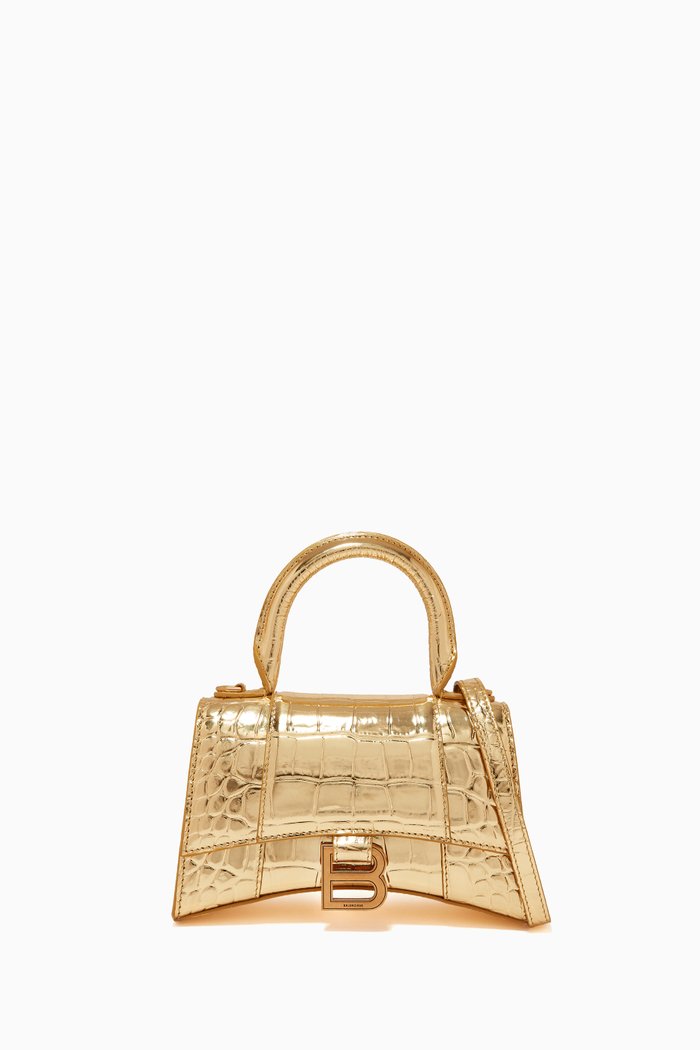 

Hourglass XS Top Handle Bag in Metallic Crocodile Embossed Calfskin, Gold