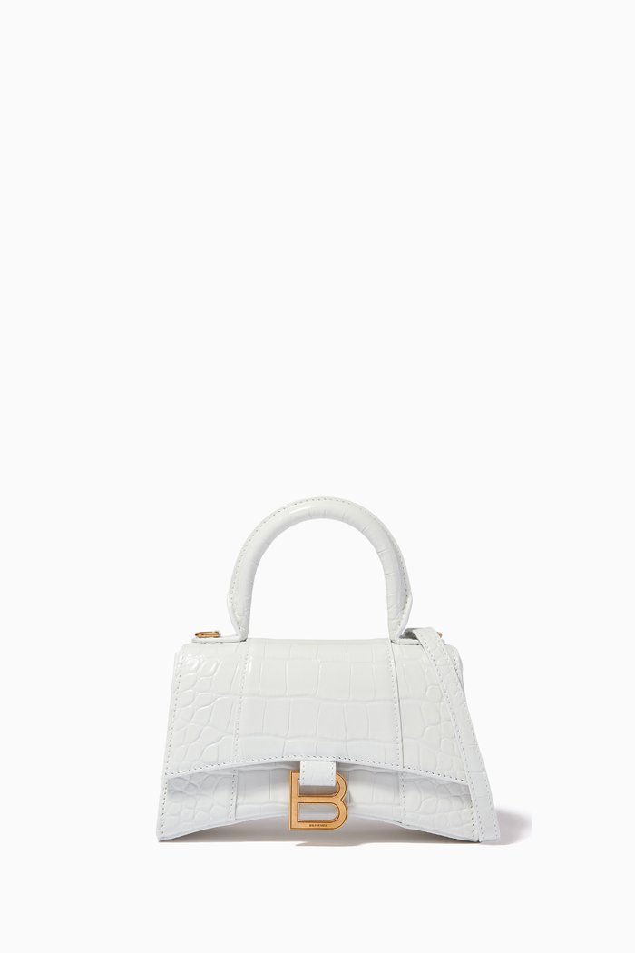 

Hourglass XS Top Handle Bag in Shiny Crocodile Embossed Calfskin, White