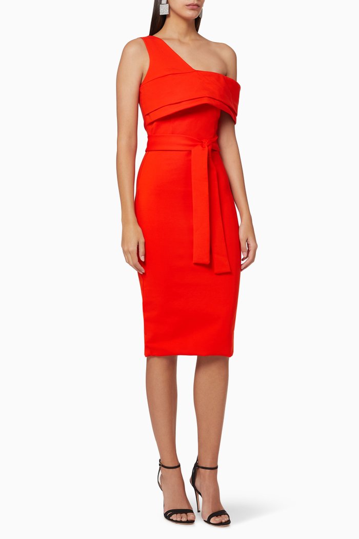 

One-Shoulder Belted Dress, Red