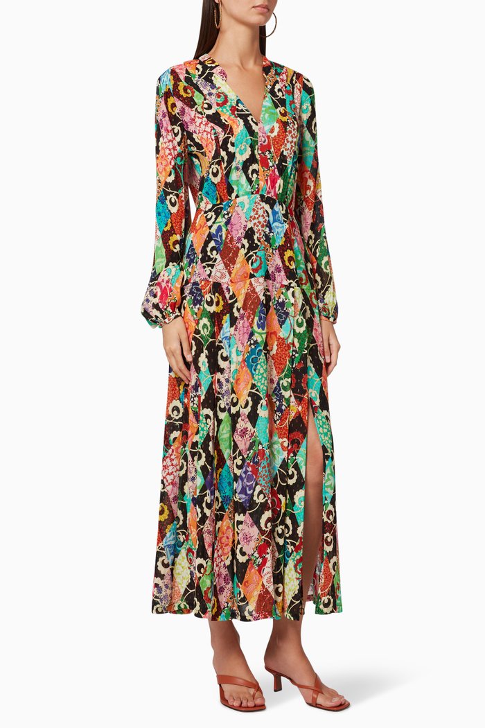 

Autumn Patchwork V-Neck Midi Dress, Multicolour