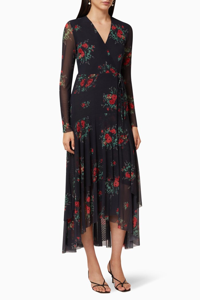 

Printed Mesh Wrap Dress, Black