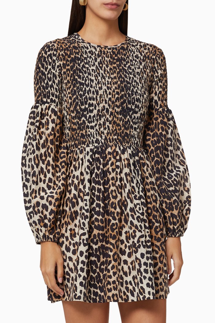

Smock Printed Silk Dress, Brown