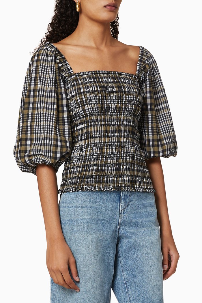 

Smock Check Cotton Top, Green