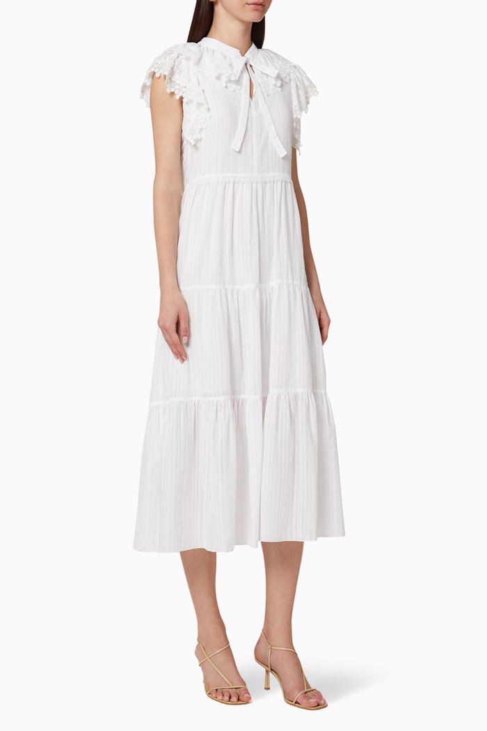 Ruffle Jacquard Check Cotton Dress, White