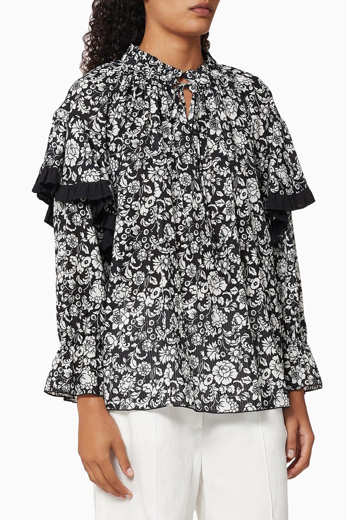 Graphic Peonies Cotton Blouse, Black
