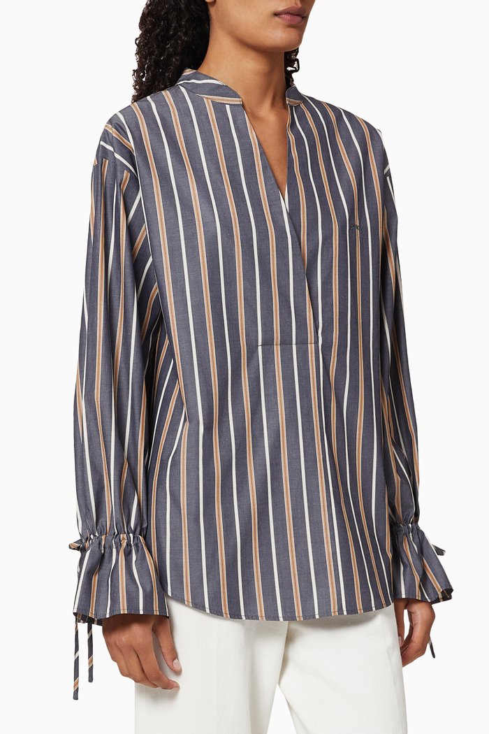 

Flared Cuff Striped Cotton Blouse, Blue