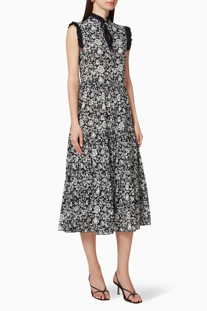 

Graphic Peonies Cotton Sleeveless Dress, Black