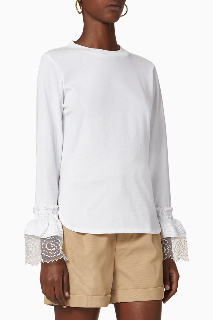 Lace Sleeve Cotton T-Shirt, White