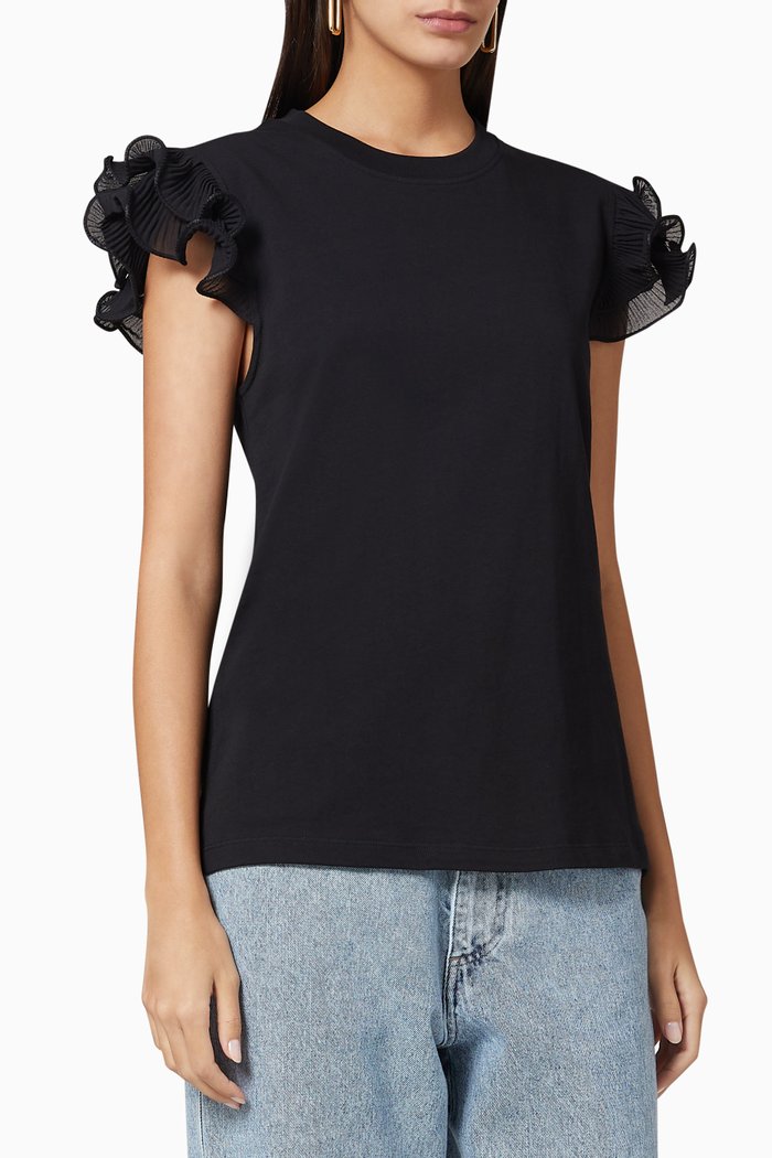 Ruffle Sleeve Cotton Jersey T-Shirt, Black