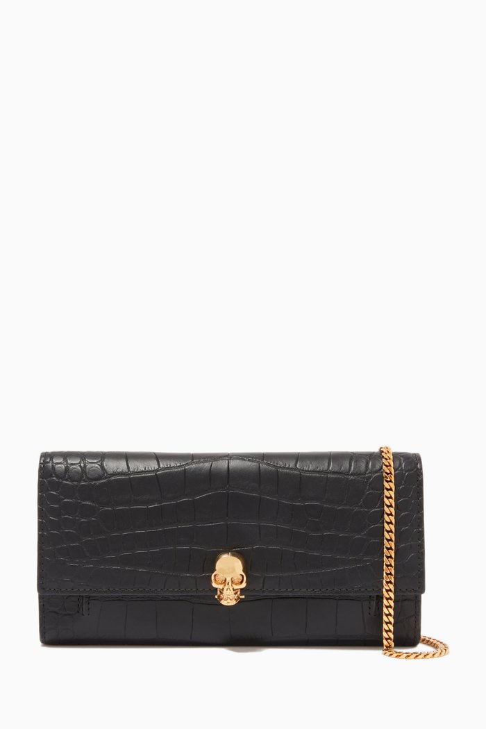 

Skull Wallet on Chain in Crocodile-Embossed Calfskin, Black
