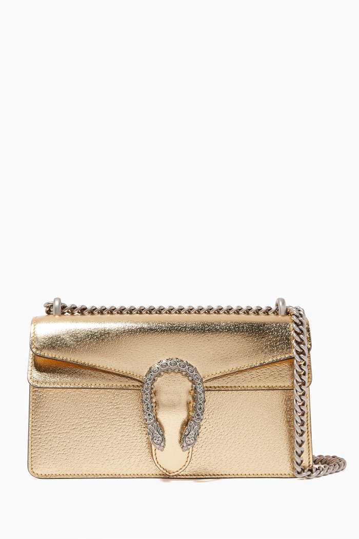 

Small Dionysus Shoulder Bag in Metallic Leather, Gold