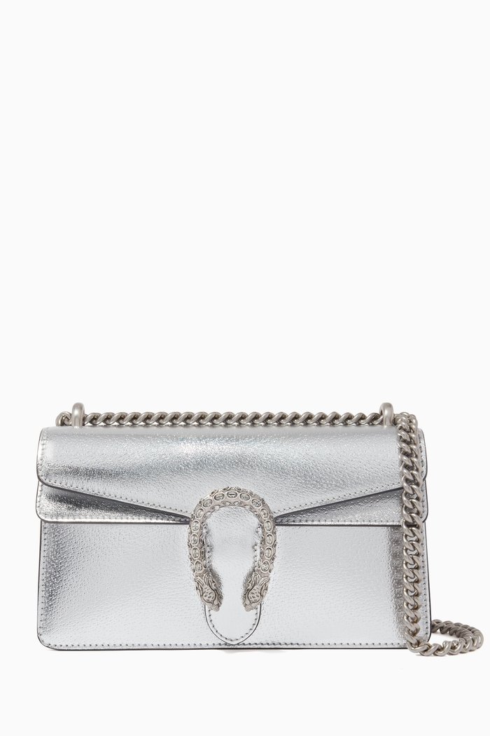 

Small Dionysus Shoulder Bag in Metallic Leather, Silver
