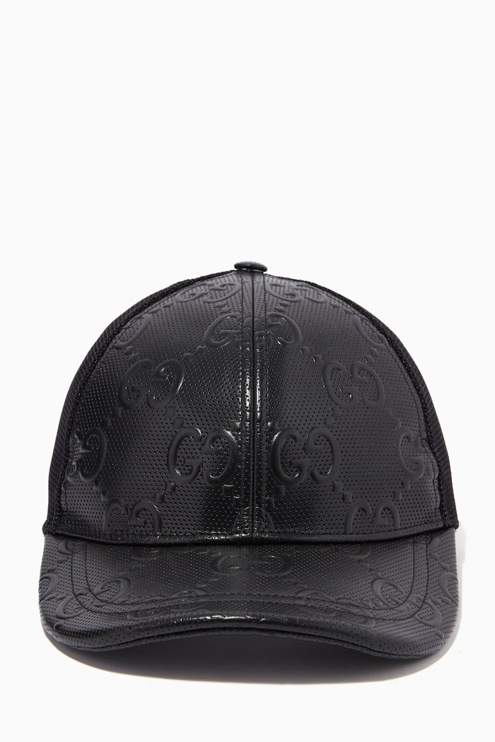 

GG Baseball Hat in Embossed Leather, Black