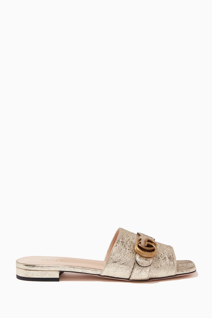 

Marmont GG Slide Sandals in Metallic Leather, Gold