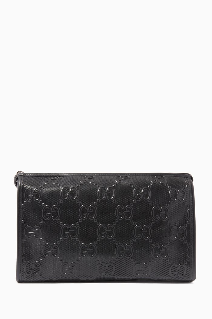 

GG Embossed Wash Bag in Leather, Black