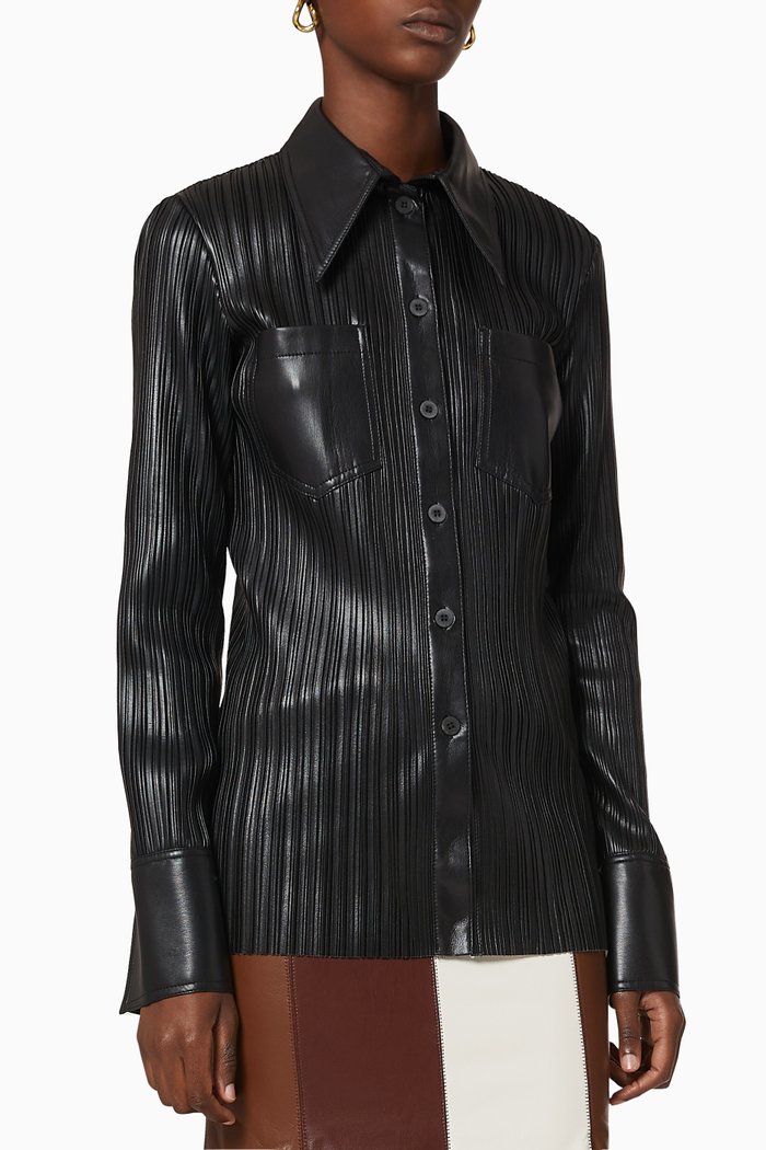 

Blaine Pleated Vegan Leather Shirt, Black