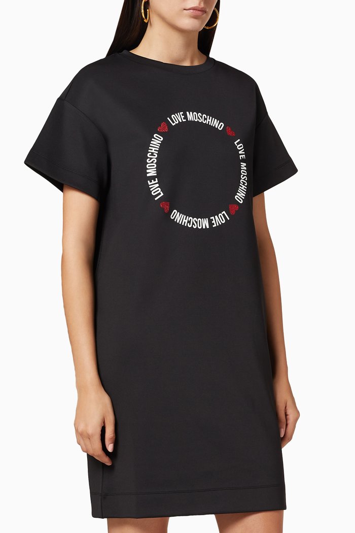 

Round Lettering Stretch Fleece Dress, Black