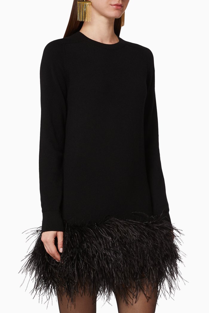 

Feather Trim Cashmere Dress, Black