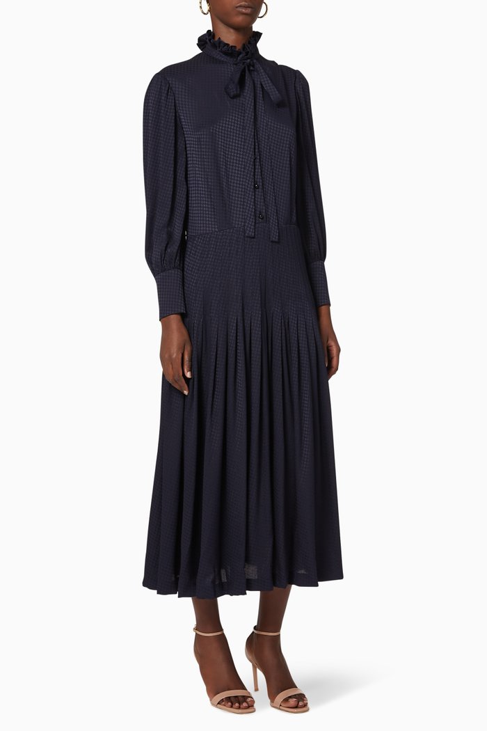 Lavallière Dress in Matte Houndstooth Silk, Blue