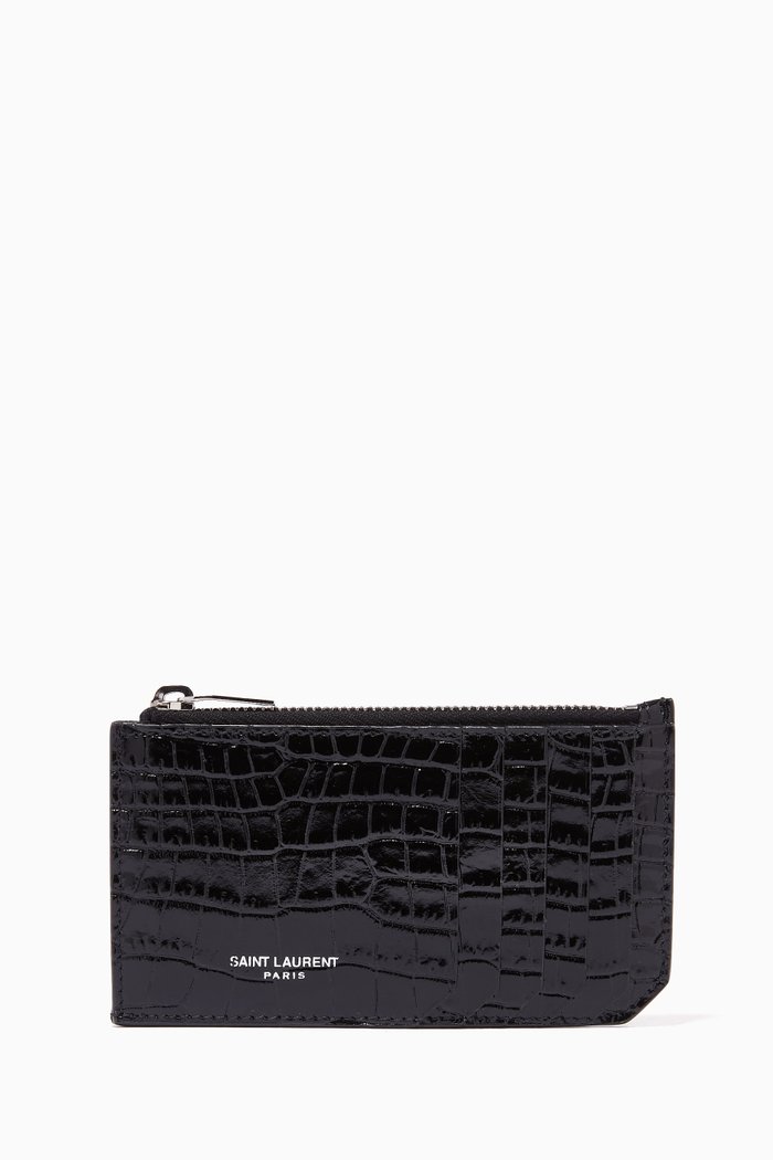 

Zipped Card Case in Crocodile Embossed Shiny Leather, Black