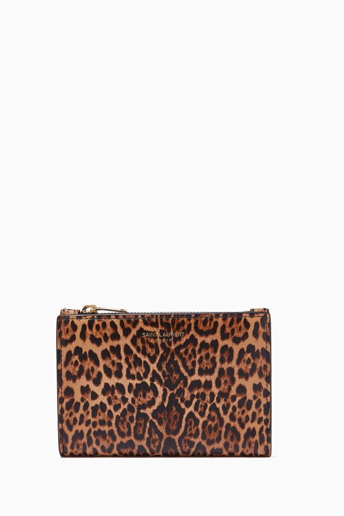 

Bi-Fold Zip Wallet in Leopard-Print Leather, Brown