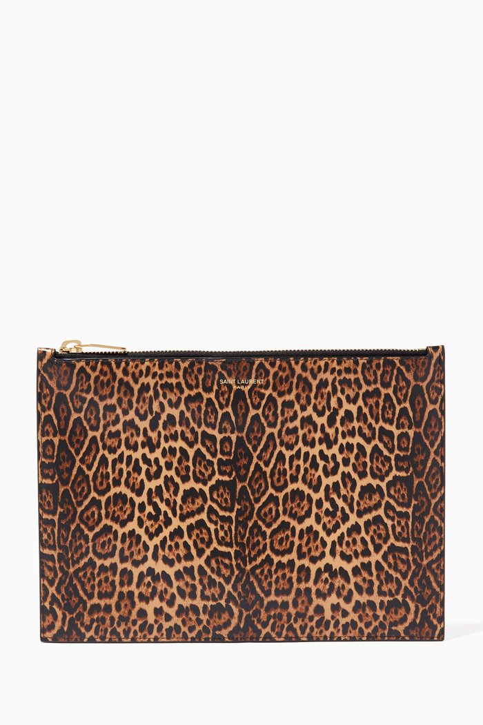 

Medium SAINT LAURENT PARIS Pouch in Leopard-Print Leather, Brown