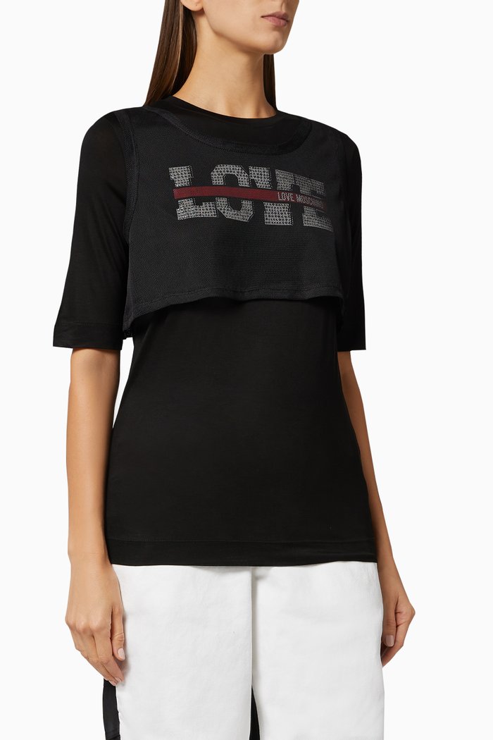 

Rhinestone & Mesh Detail T-Shirt, Black