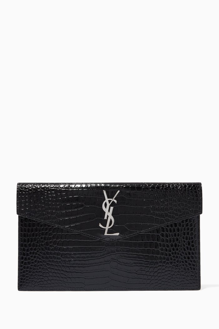 

Uptown Pouch in Shiny Crocodile-Look Leather, Black