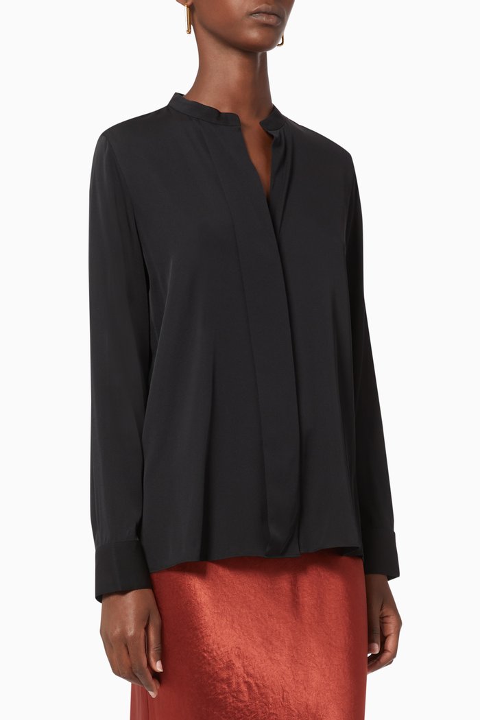 

Slim Band Collar Silk Blouse, Black