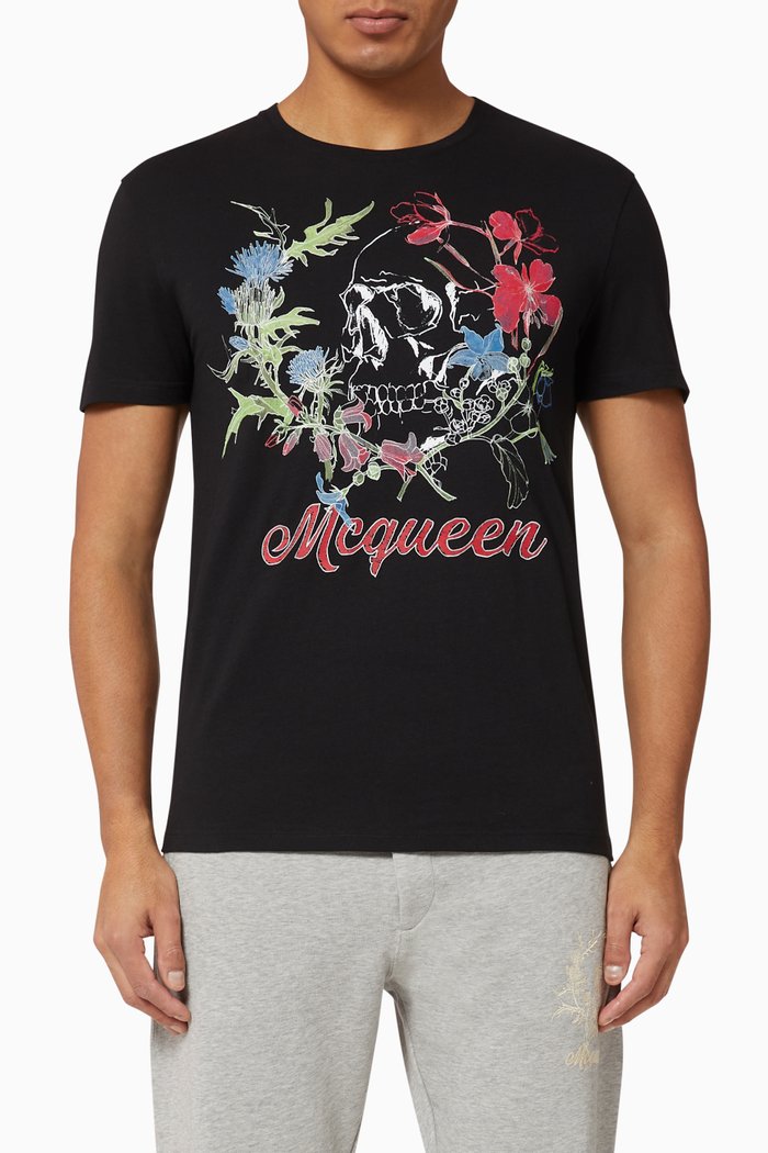 

Deconstructed Floral Skull Cotton T-Shirt, Black
