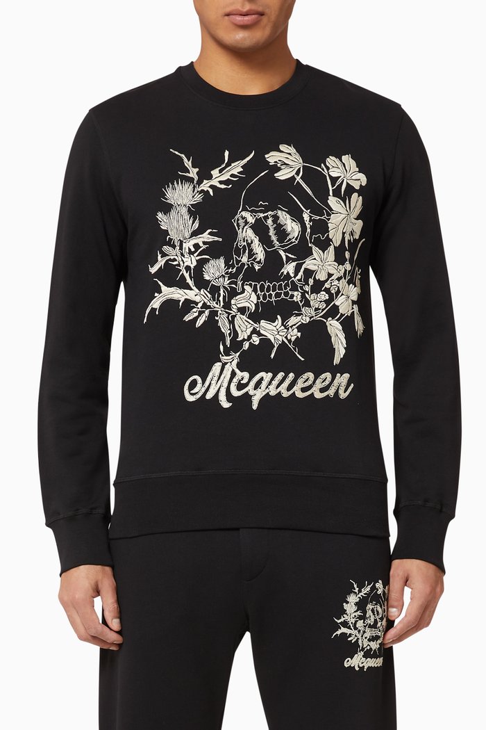 

Deconstructed Floral Skull Cotton Sweatshirt, Black